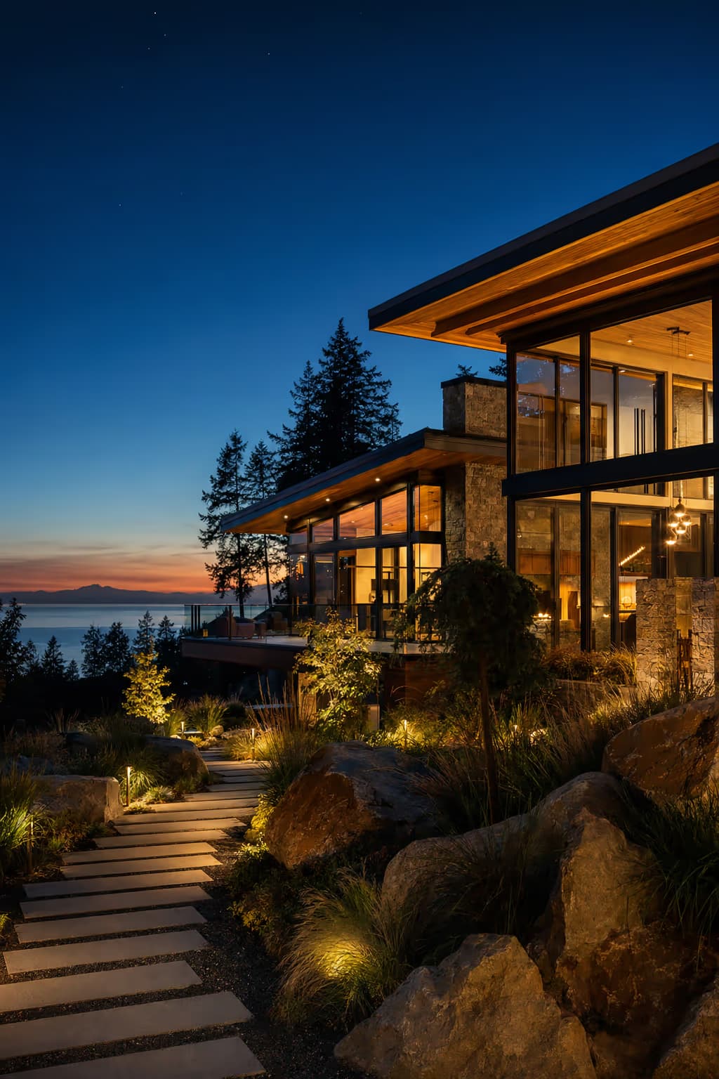 A completed custom home at dusk with warm interior light spilling through large windows onto a landscaped approach.