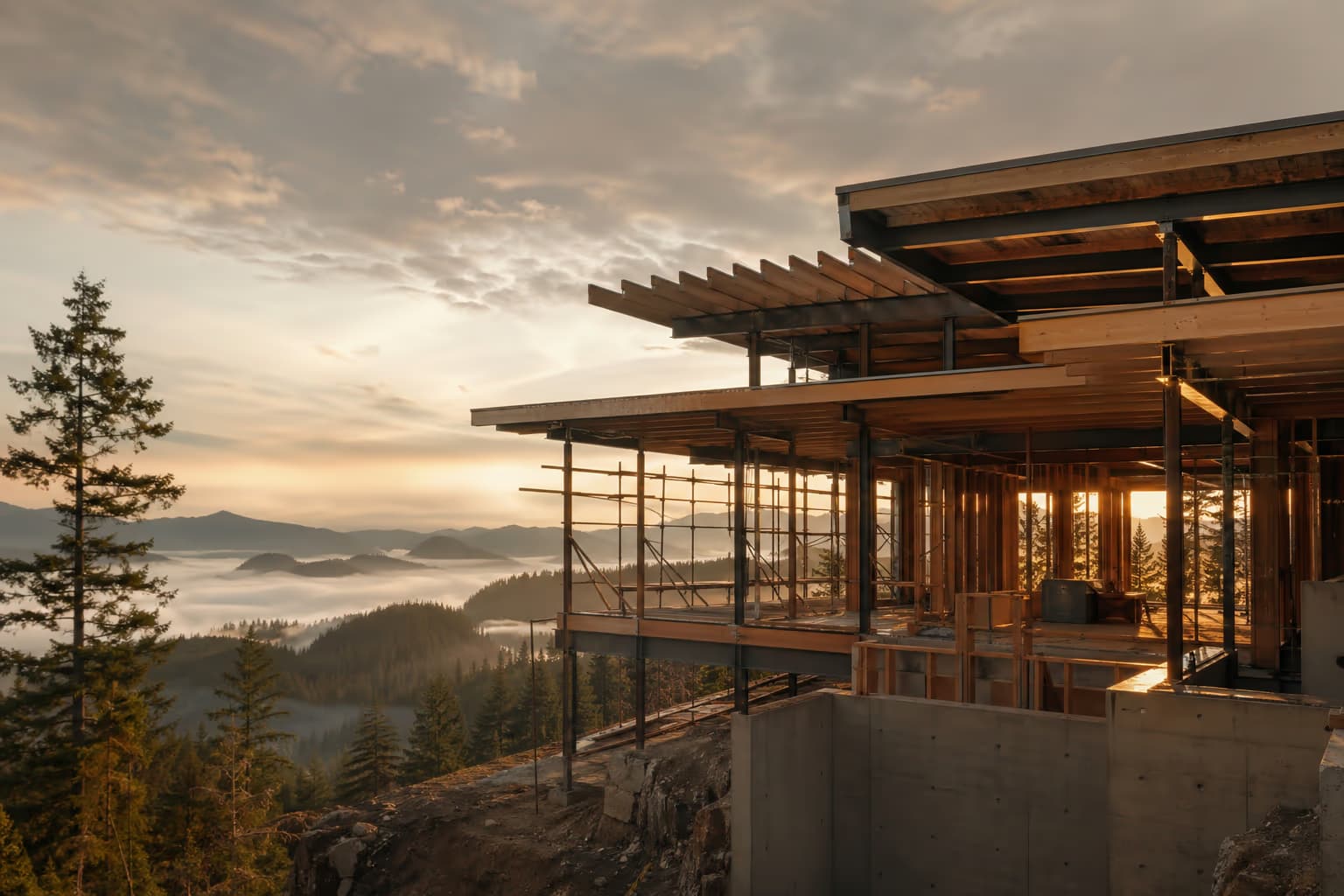 A custom modern home mid-construction at golden hour, exposed timber and steel framework rising from a forested Pacific Northwest landscape.