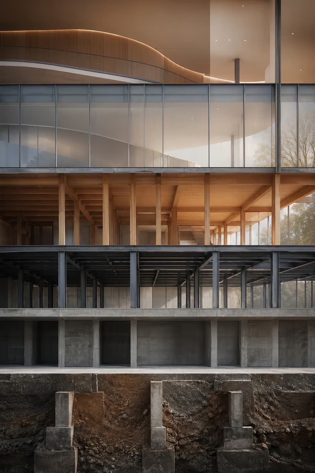 Abstract architectural visualization of construction phases progressing from foundation to completion.