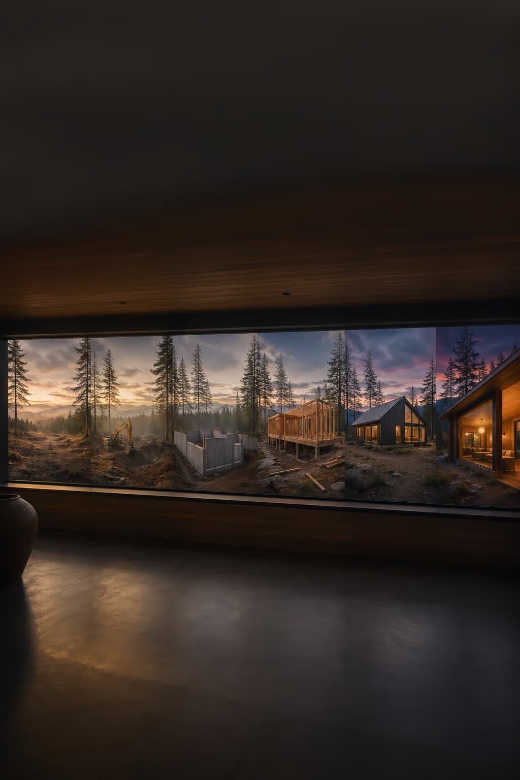 An architectural journey from foundation to finished home, shown as a continuous visual narrative.