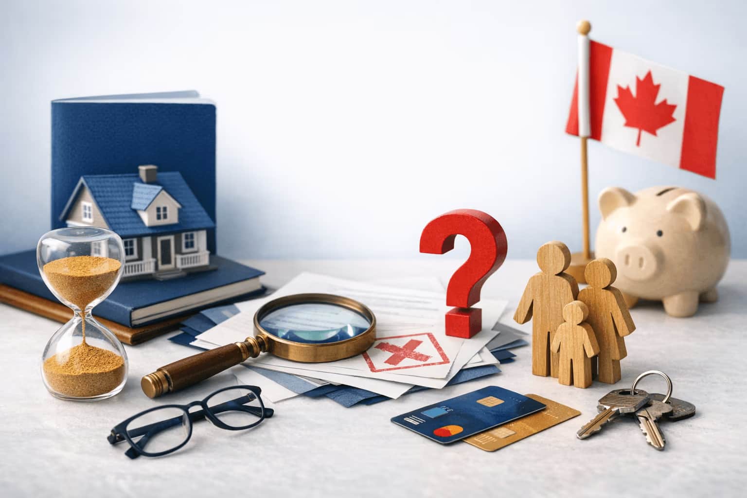 Friendly mortgage advisor meeting a newcomer couple in a modern Canadian condo at sunset while reviewing a homebuying plan