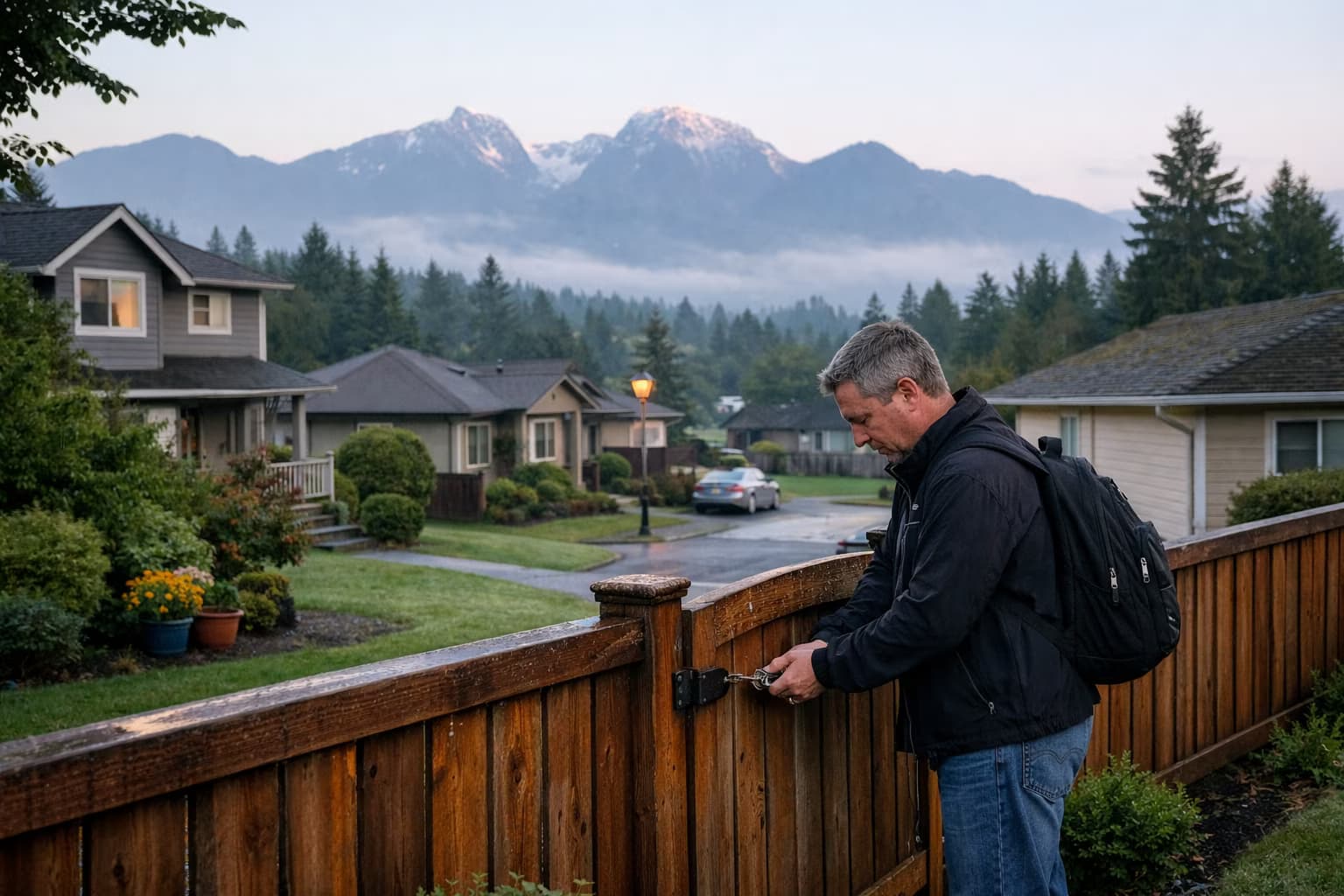 Maple Ridge detached-home street at dawn with Golden Ears foothills in the distance