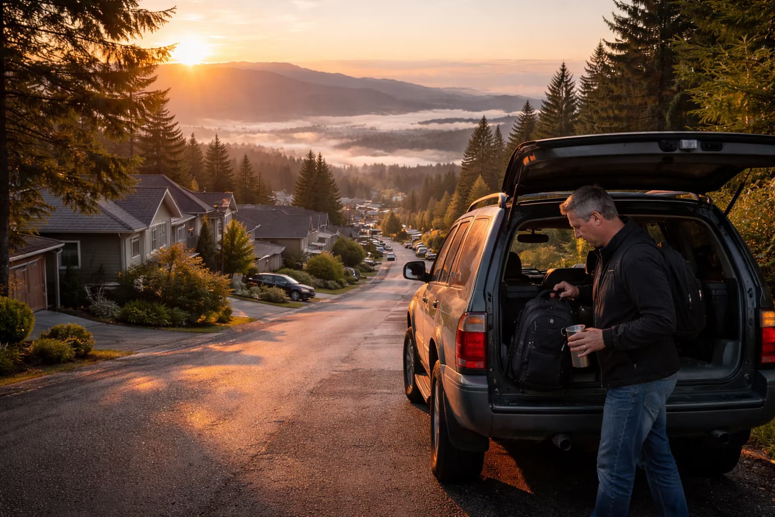 Mission hillside neighbourhood at sunrise with a resident getting ready to leave for work