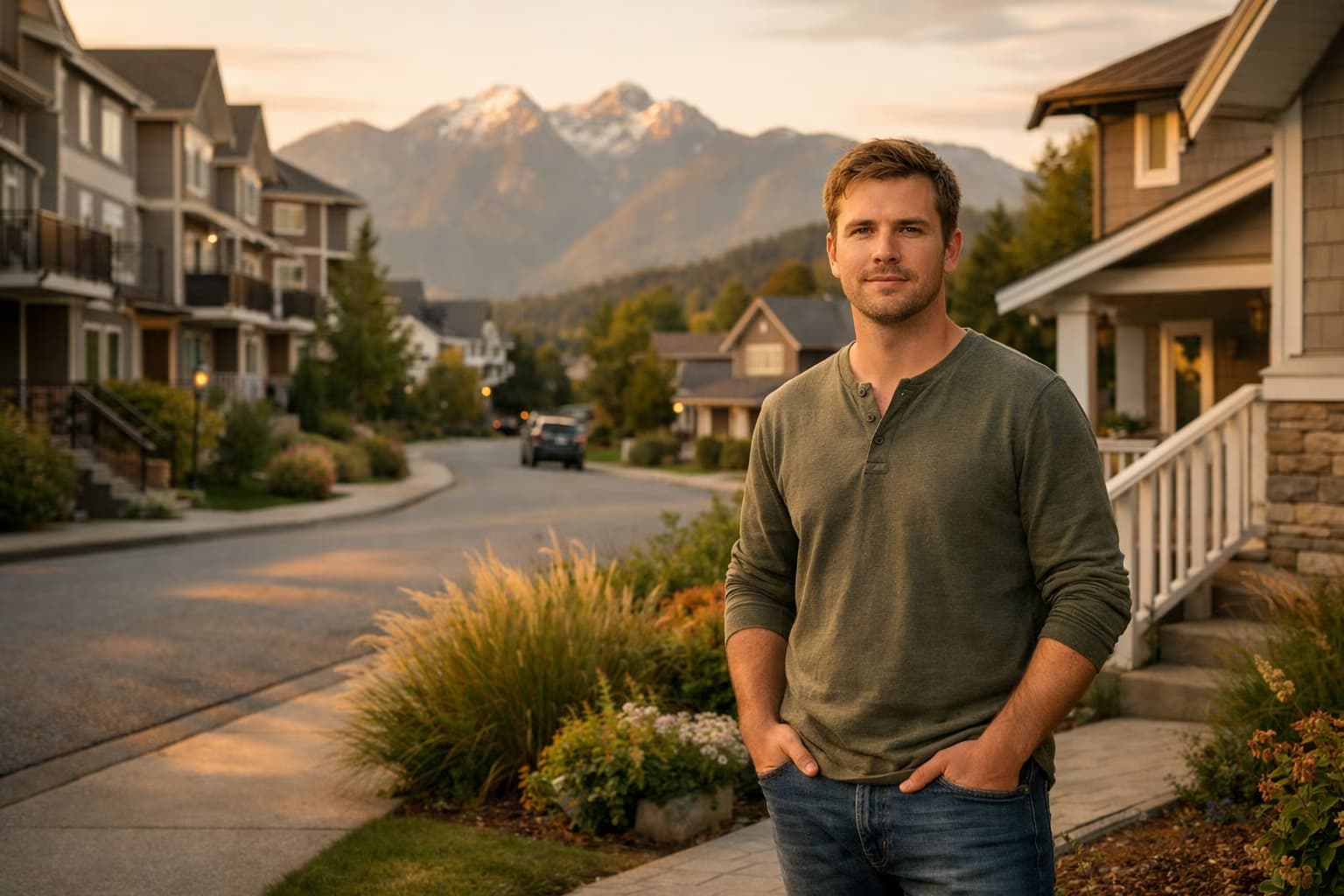 Pitt Meadows residential street at golden hour with a homeowner on a front walkway