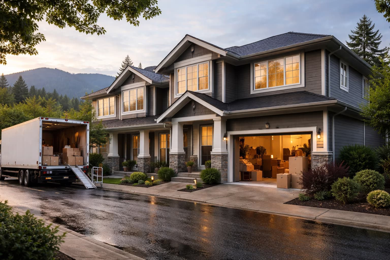 Port Coquitlam townhouse street at daybreak with moving van and mountain backdrop