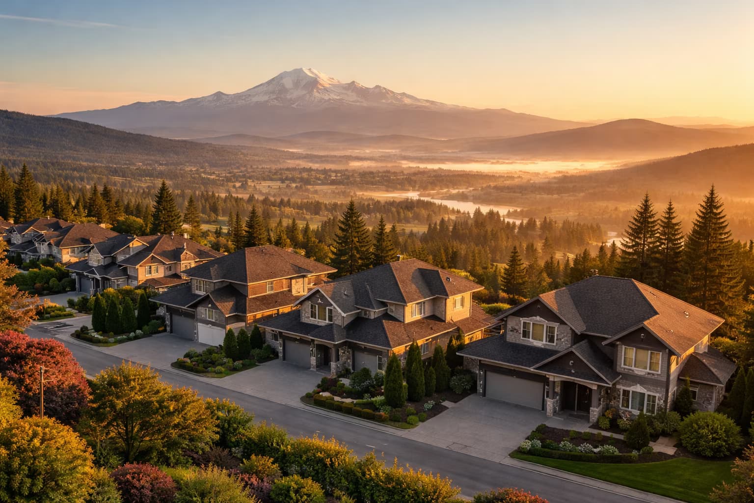 Abbotsford BC neighbourhood at sunrise with Mount Baker in the distance