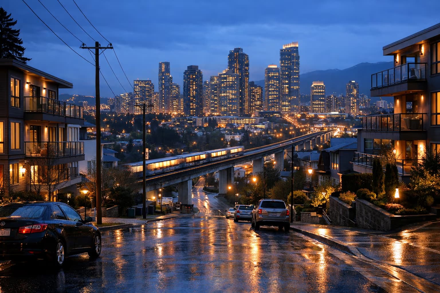 A blue-hour view of Burnaby with SkyTrain tracks and residential towers after rainfall.