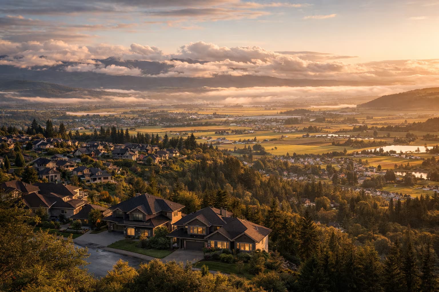 Sunrise over Chilliwack neighbourhoods with mountain backdrop