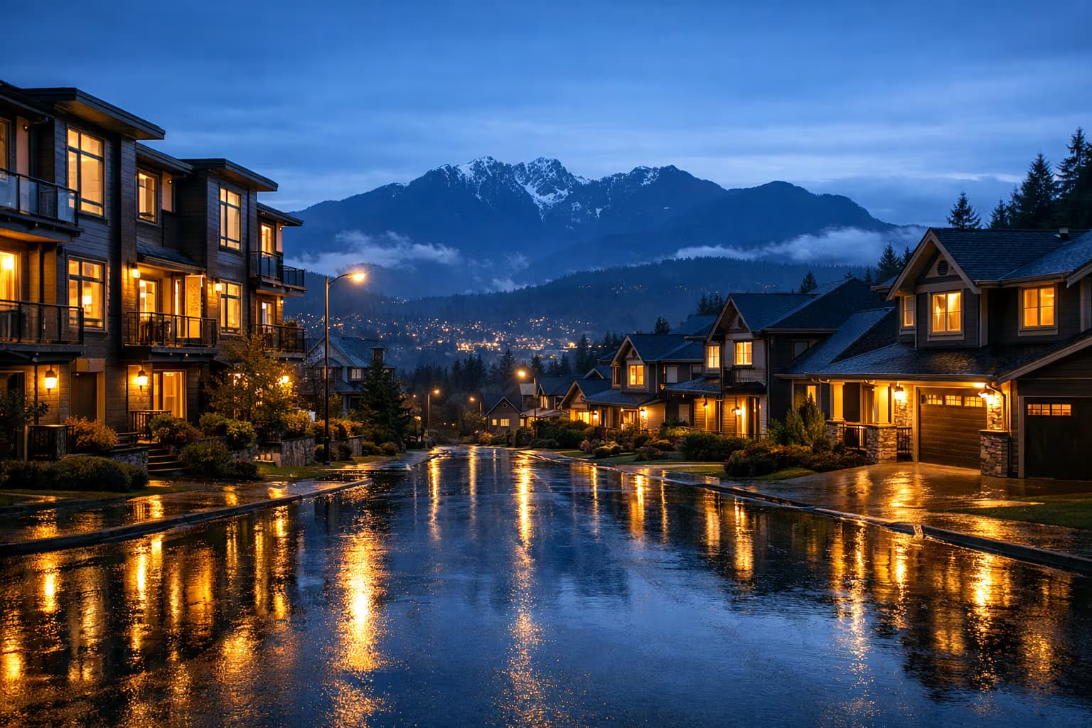 Blue-hour Coquitlam neighbourhood street after rainfall with mountain backdrop
