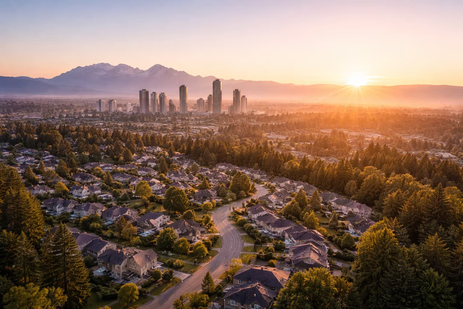 Sunrise aerial view of Surrey neighbourhoods with urban skyline and mountain backdrop