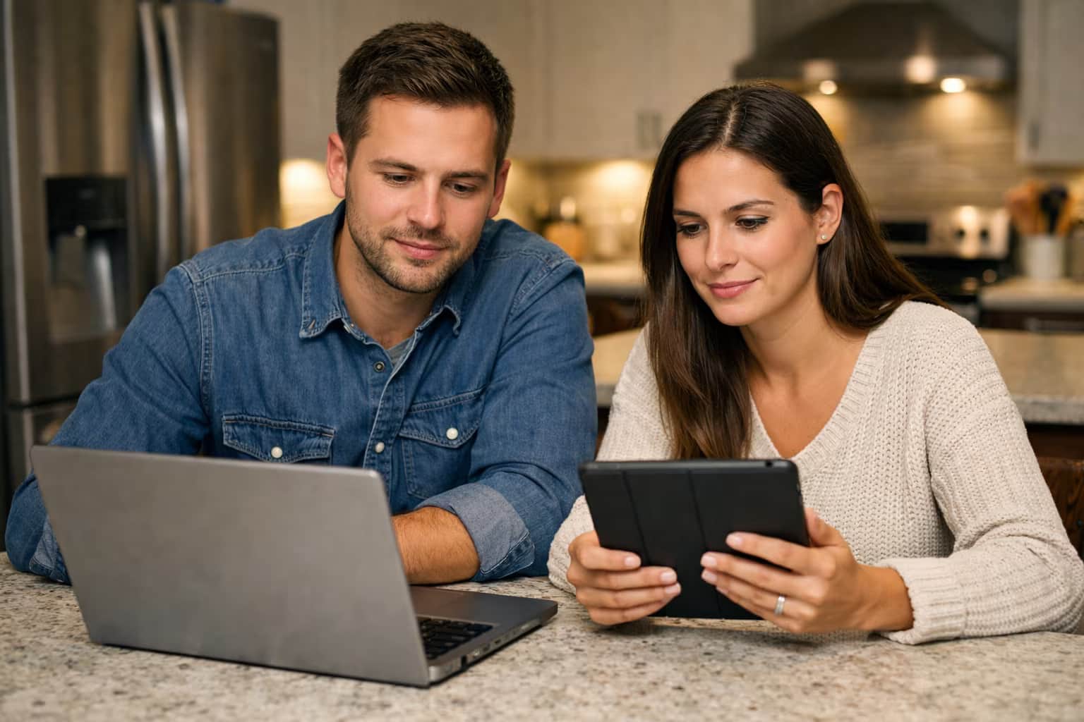 Canadian couple at kitchen island reviewing mortgage options on laptop and tablet