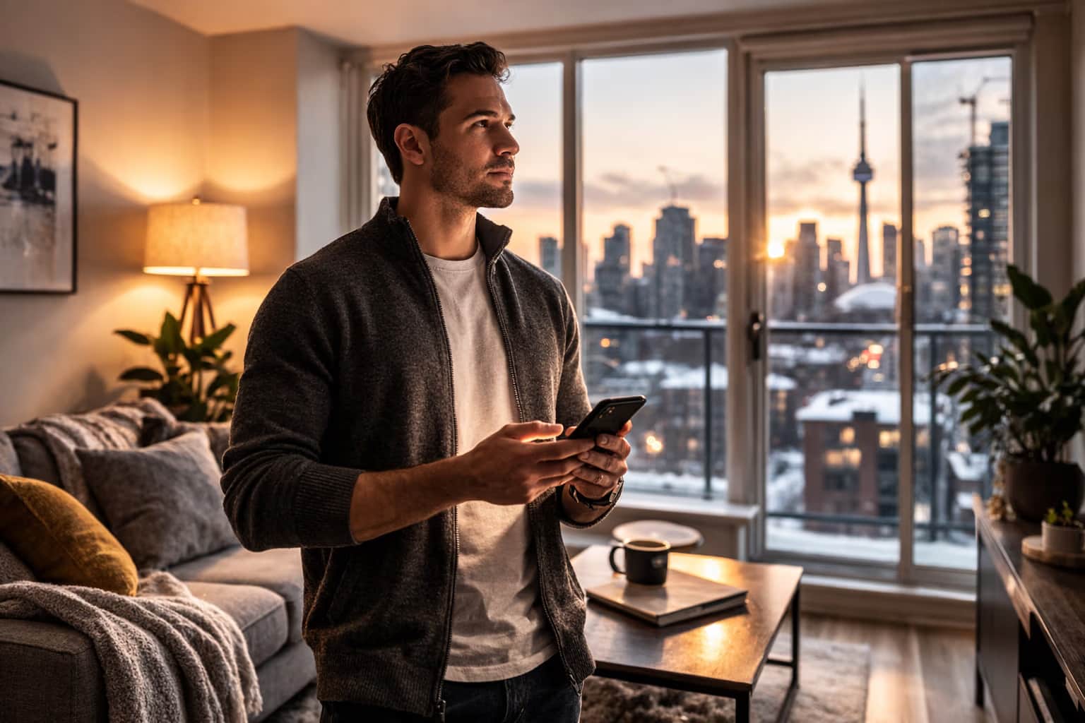 Canadian homeowner at dawn reviewing mortgage options on a phone with city skyline in the background