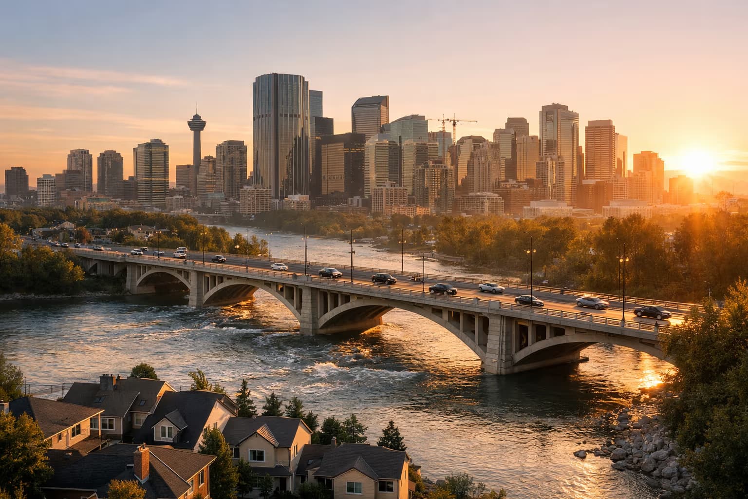 Canadian city and suburban housing at sunrise representing mortgage rate forces and borrower choices