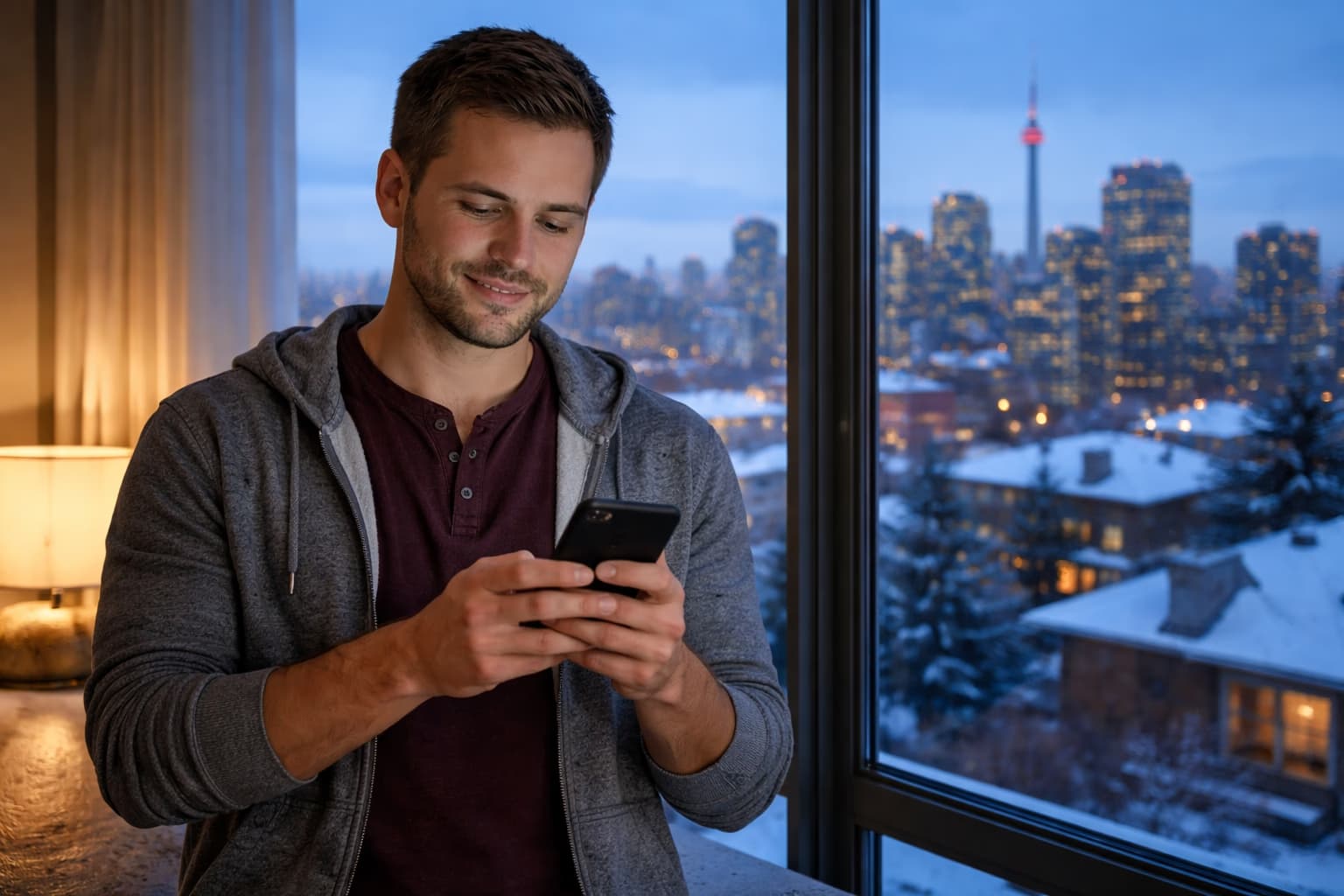 First-time Canadian homebuyer standing by a condo window at blue hour while reviewing mortgage numbers on a smartphone