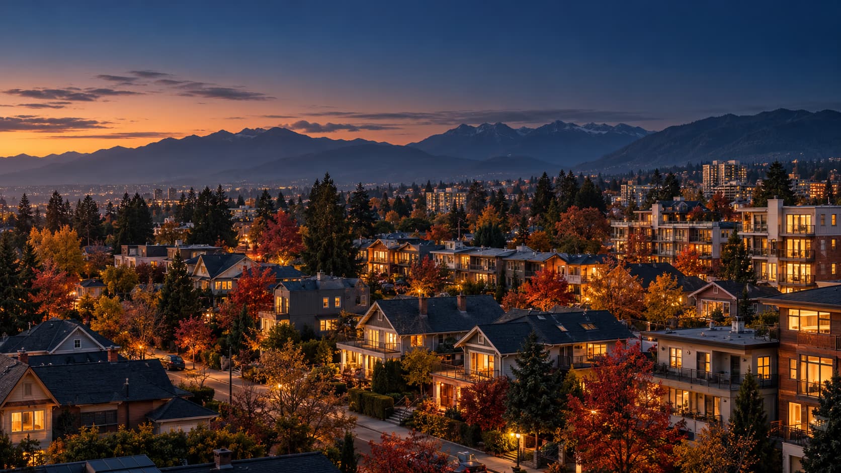 AI-generated BC-inspired residential neighbourhood at dusk with warm windows, trees and mountain scenery.