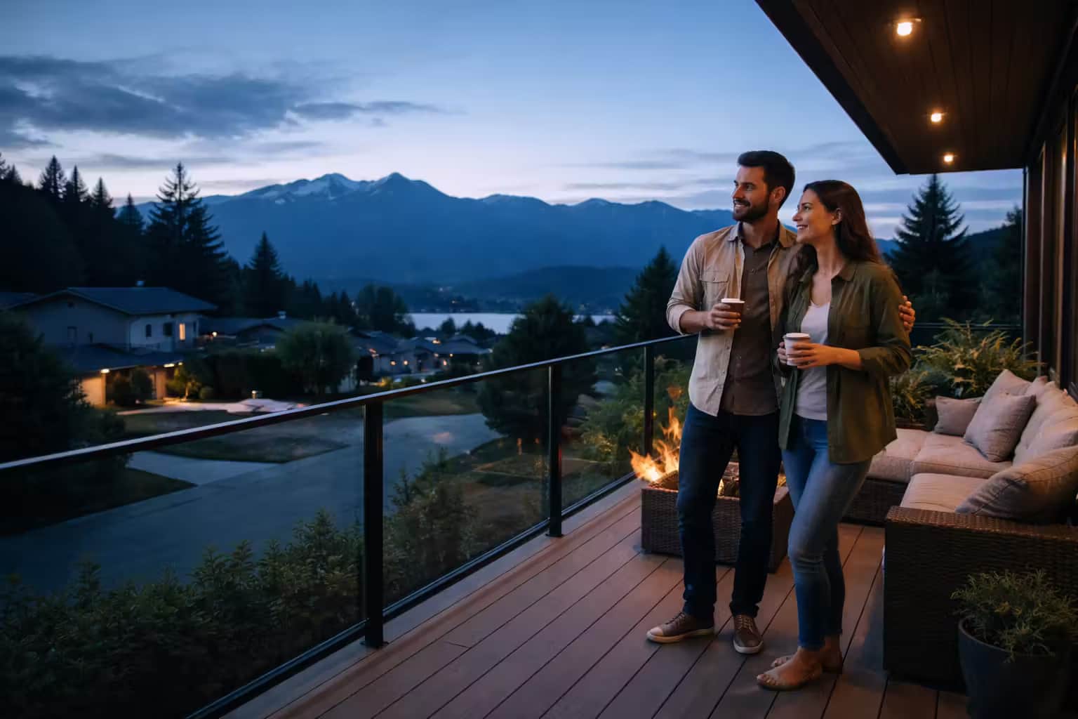 Canadian homeowners reviewing HELOC plans on a deck at blue hour