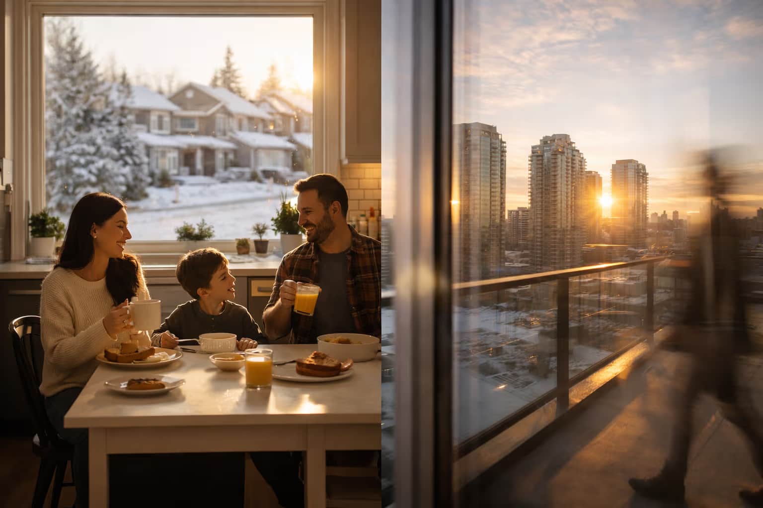 Canadian homeowner on the porch of a detached house at golden hour with warm and cool lighting balance