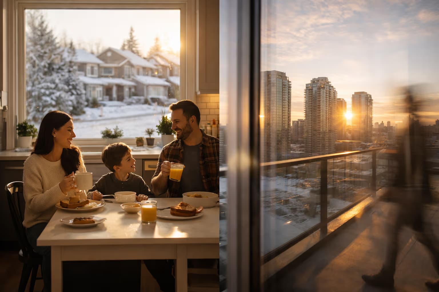 Canadian homeowner on the porch of a detached house at golden hour with warm and cool lighting balance