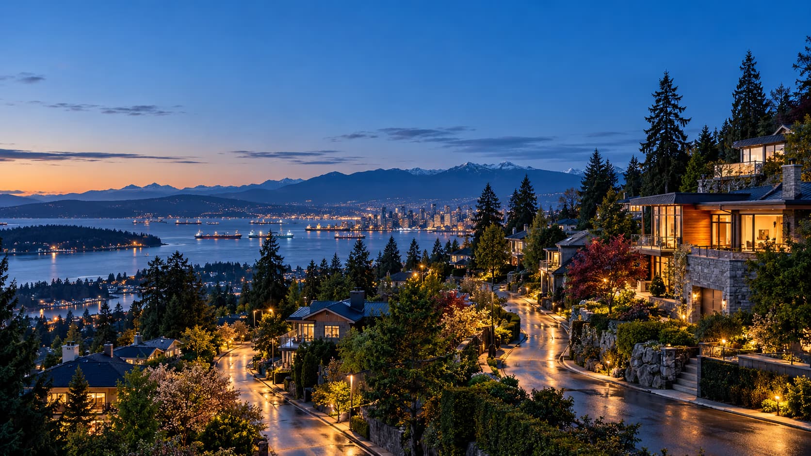 AI-generated BC-inspired hillside neighbourhood at blue hour; conceptual editorial illustration, not an actual property.