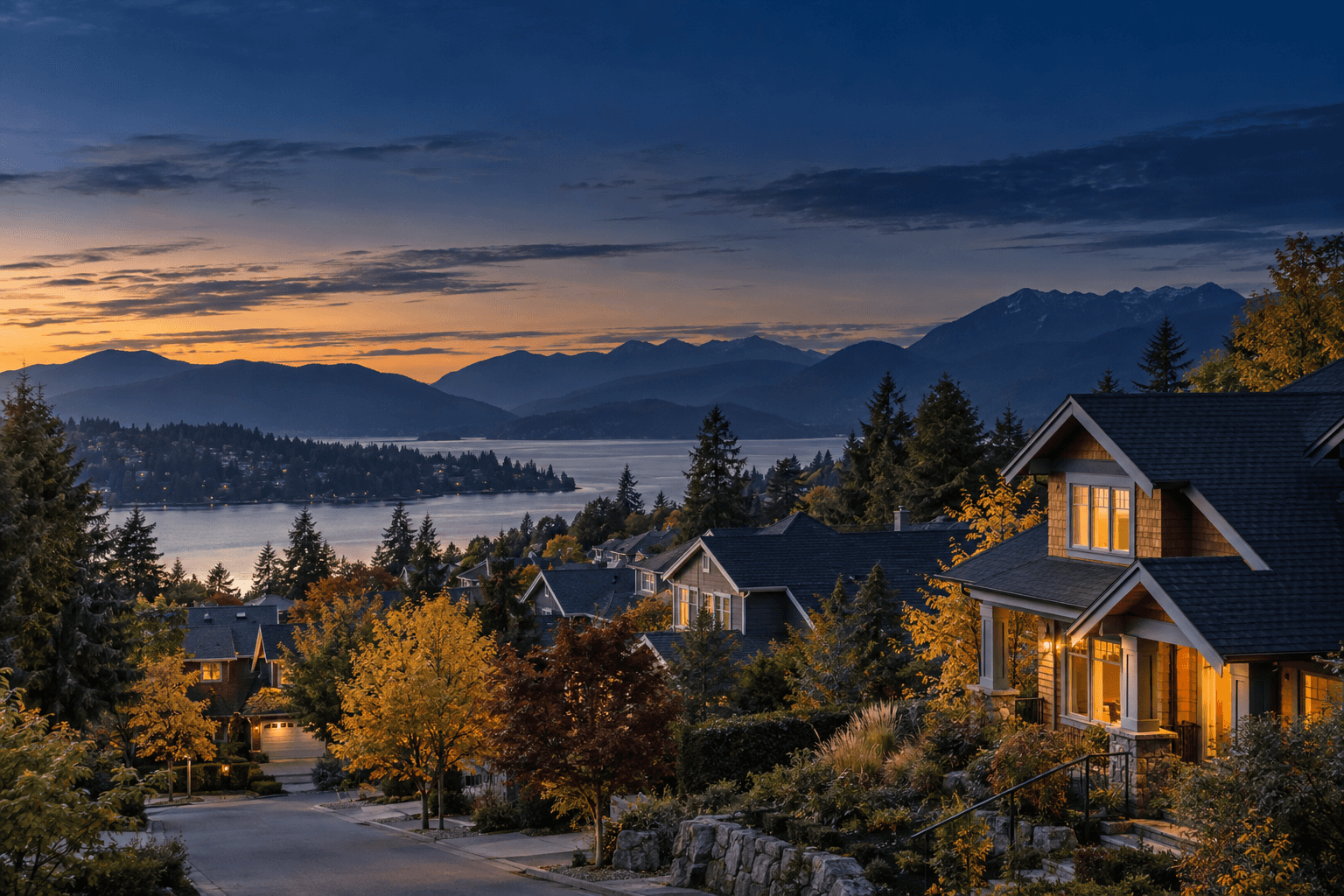 AI-generated illustration of Canadian-style homes beside a lake at autumn dusk; not an identified location.
