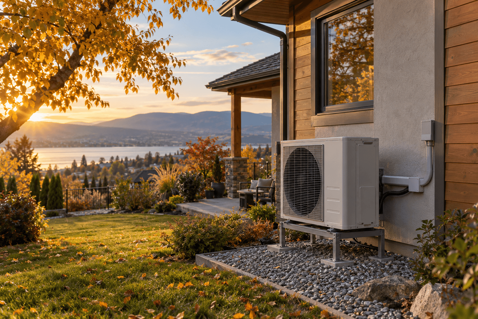 AI-generated illustrative autumn Okanagan home with an unbranded heat pump; not a real installation or Benson Pacific project.