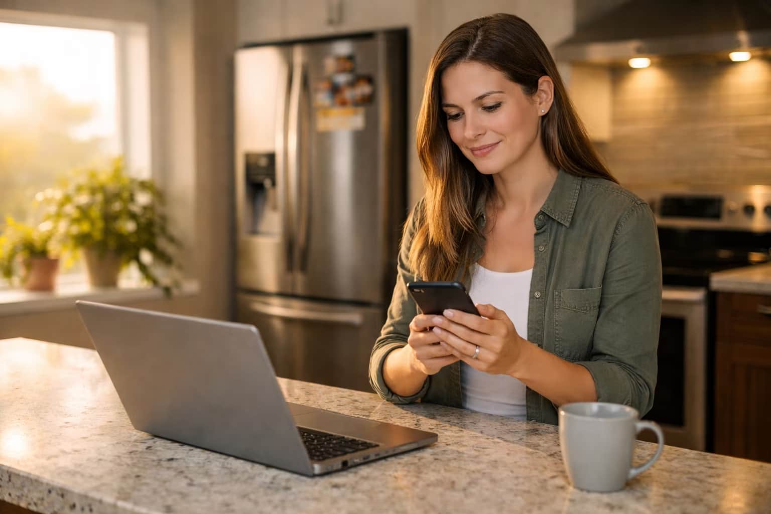 Canadian homeowner in a warm kitchen planning debt-consolidation mortgage payments