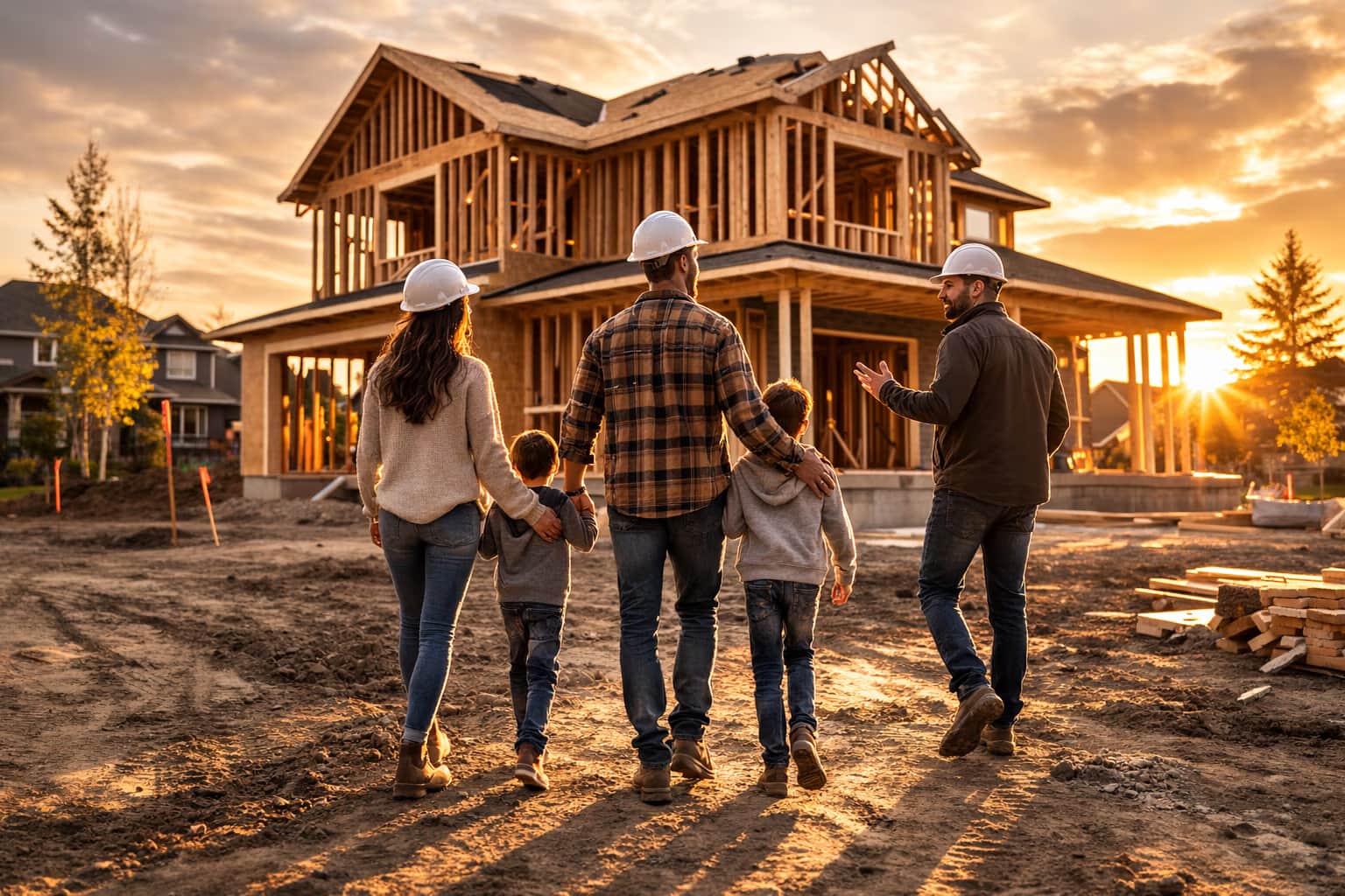 Canadian homeowner and builder reviewing a new construction mortgage timeline at a residential build site during golden hour