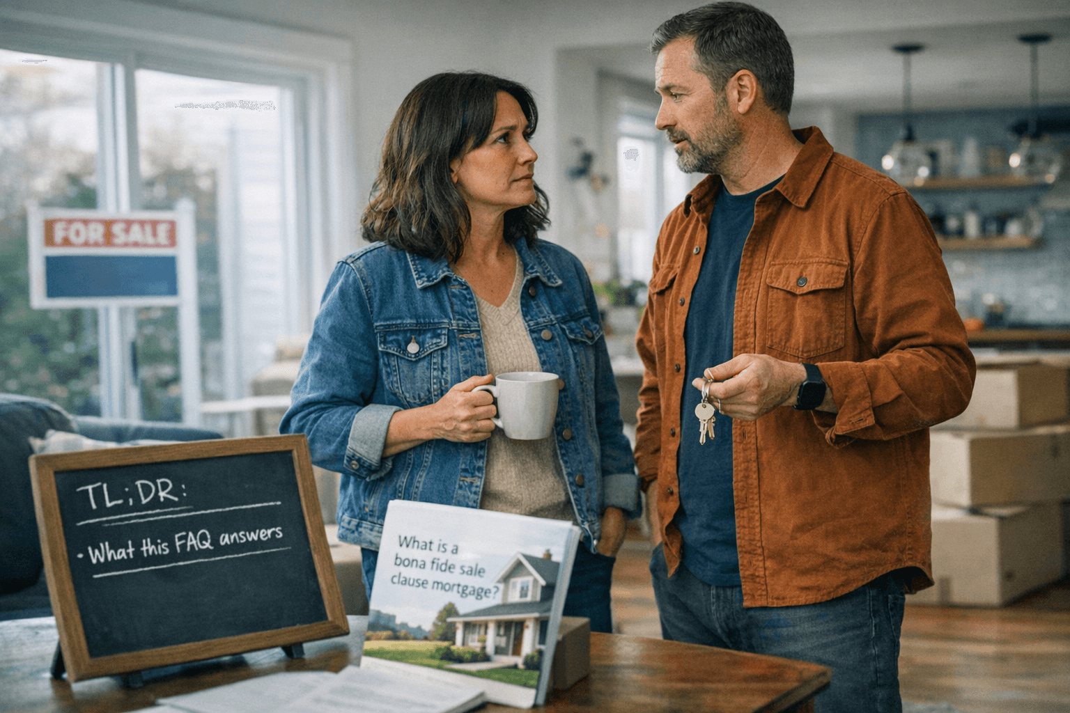 Mortgage broker explaining bona fide sale clause terms to a Canadian family
