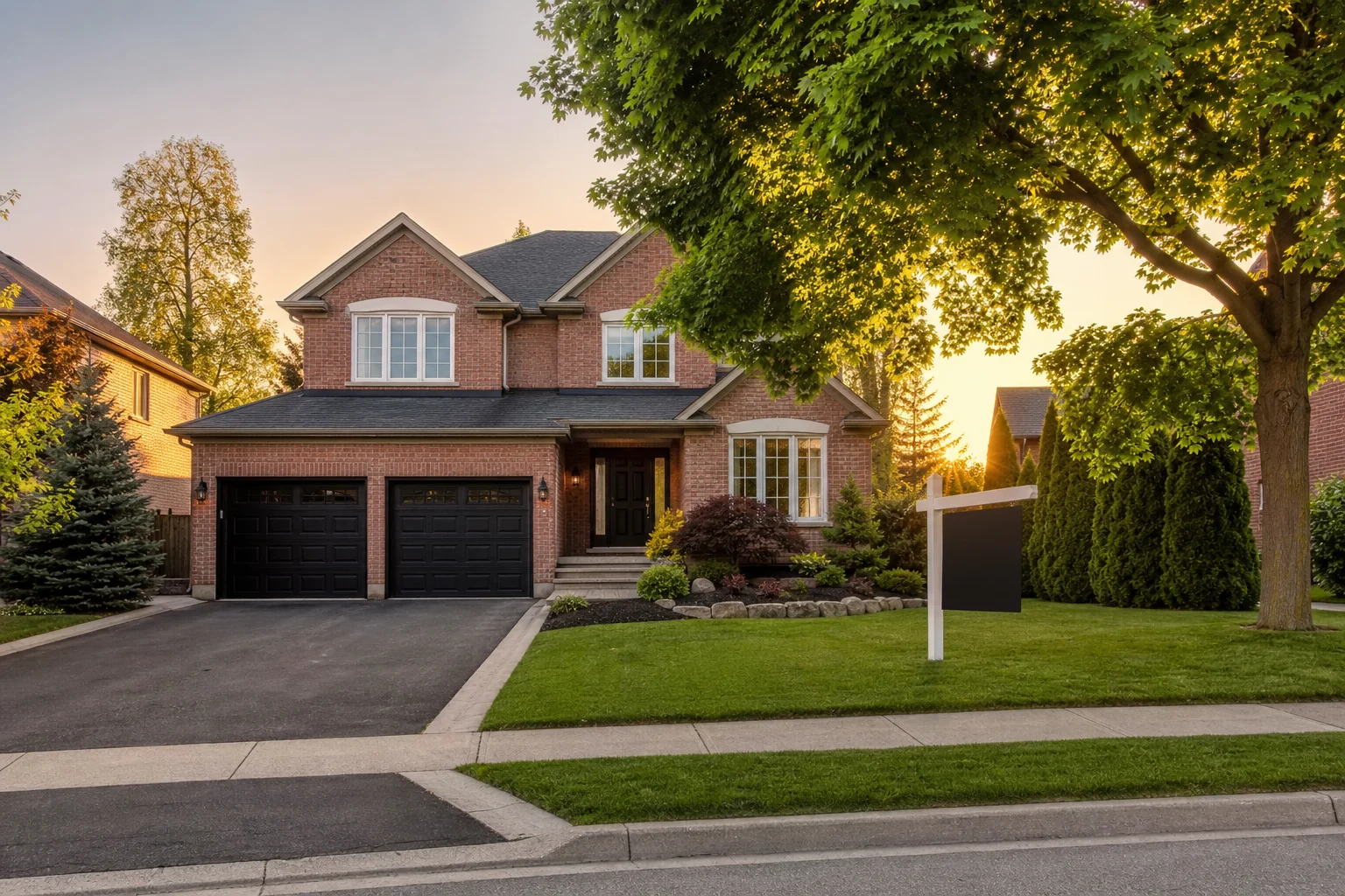Well-maintained Canadian family home with a sold sign on the front lawn on a quiet residential street at golden hour, representing the closing day when all costs come due.