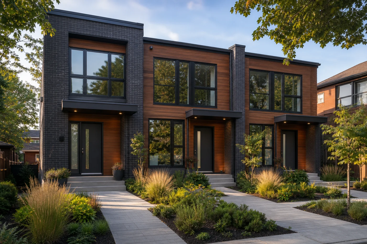 Modern triplex with three distinct entrances — representing the three mortgage insurers, each with its own approach but all serving the same fundamental purpose.