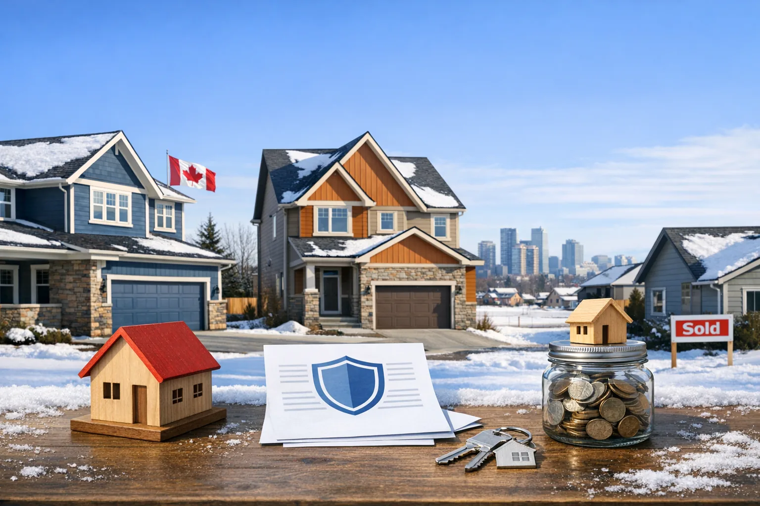 mortgage default insurance in Canada documents and calculator in warm sunset light