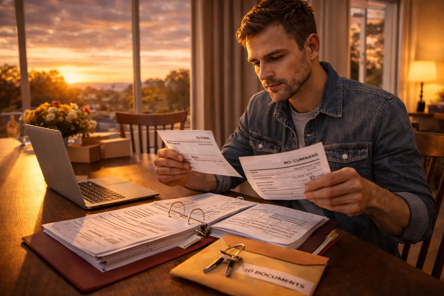 mortgage documents checklist in Canada documents and calculator in warm sunset light