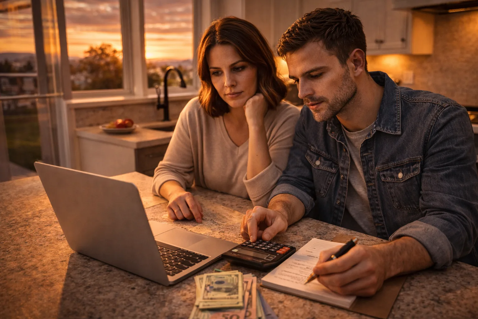 minimum down payment strategy in Canada documents and calculator in warm sunset light