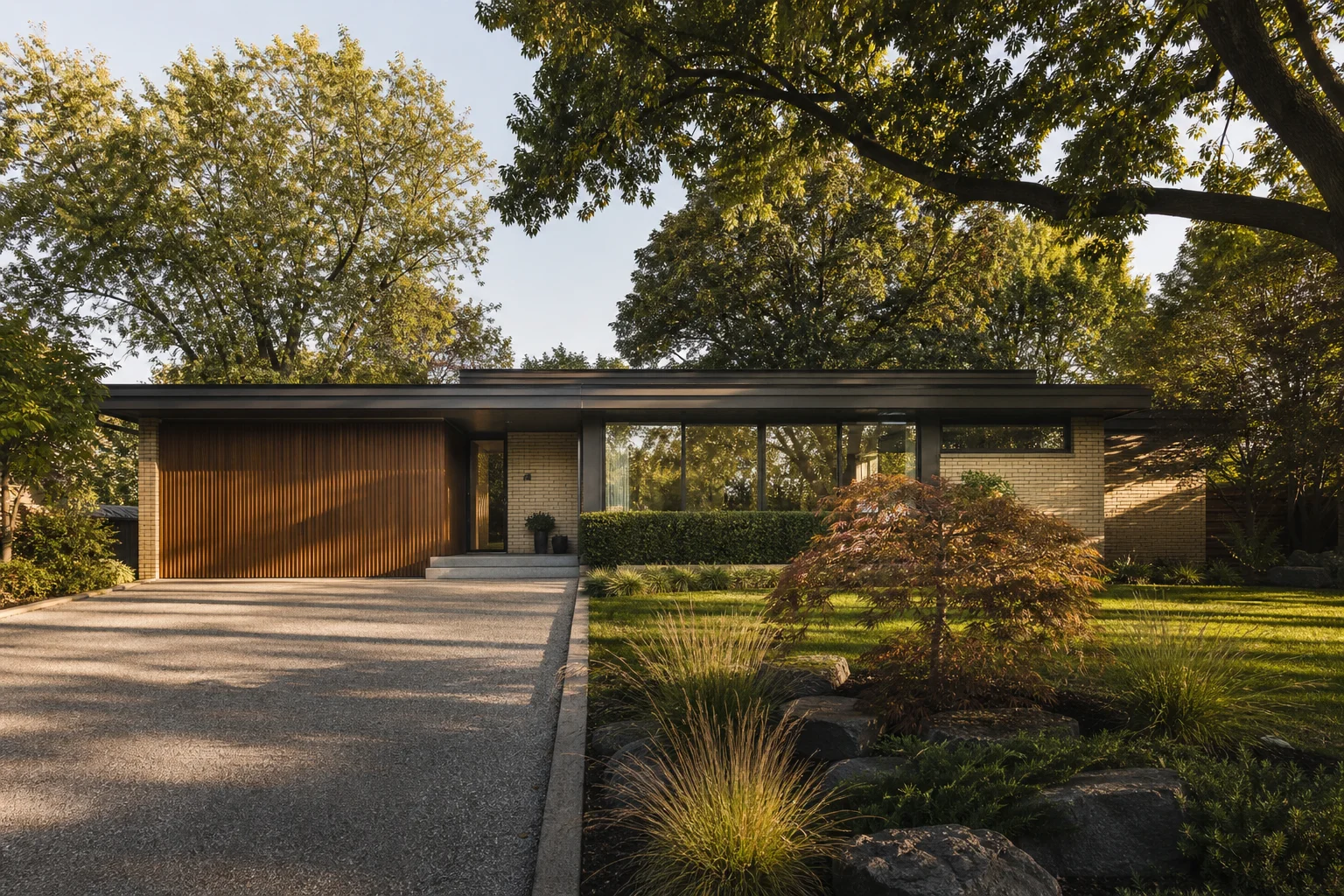 Mid-century modern bungalow with Japanese maple and ornamental grasses — representing the long-term commitment of a well-planned home purchase.