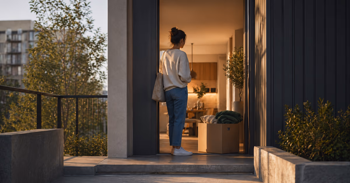 First-time buyer placing a moving box inside a modest first home doorway