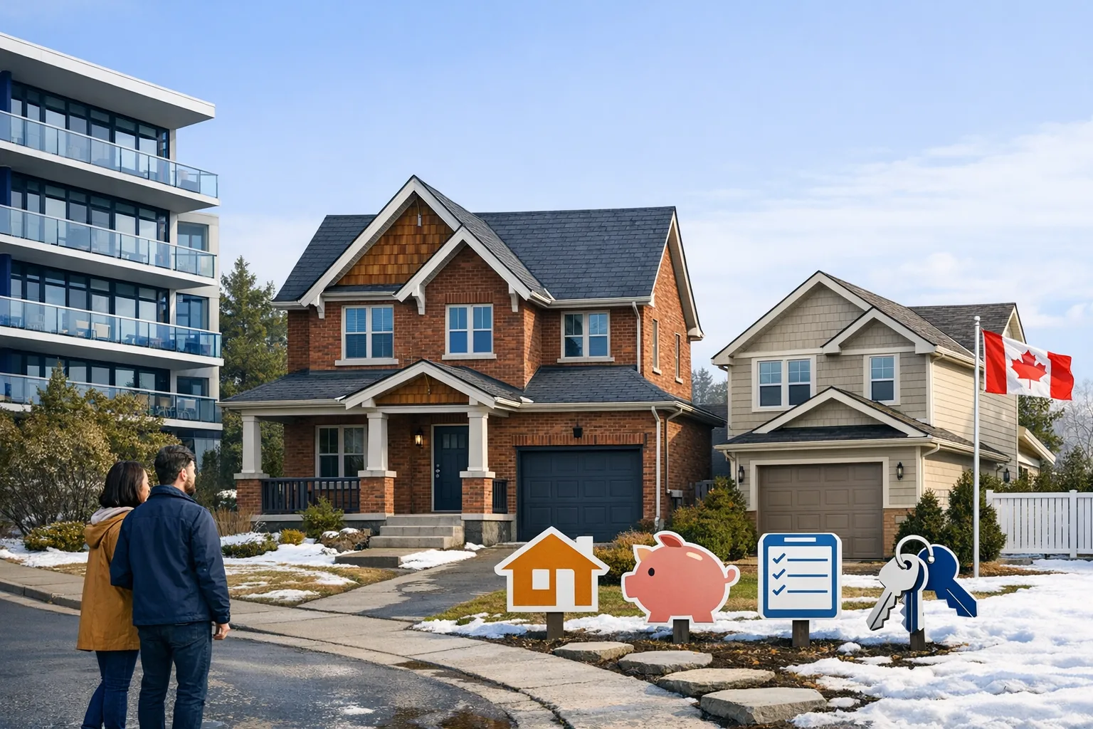 first-time home buyer guide in Canada documents and calculator in warm sunset light