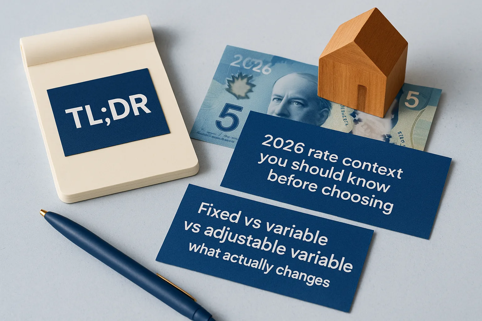 fixed vs variable mortgage choice in Canada documents and calculator in warm sunset light