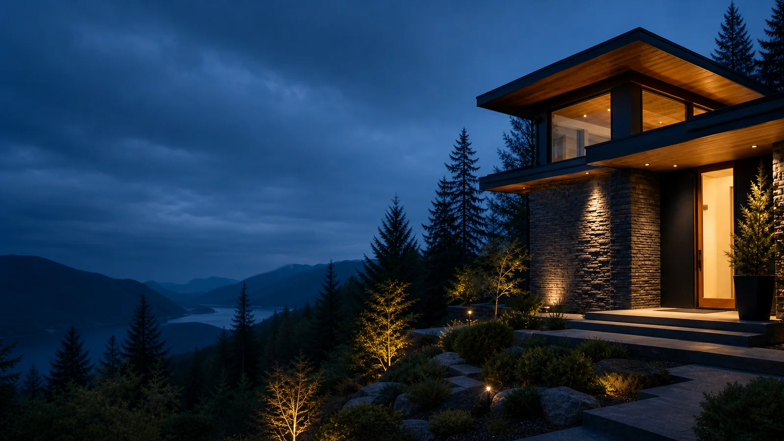 Modern West Coast Canadian home overlooking mountains and a lake at blue hour
