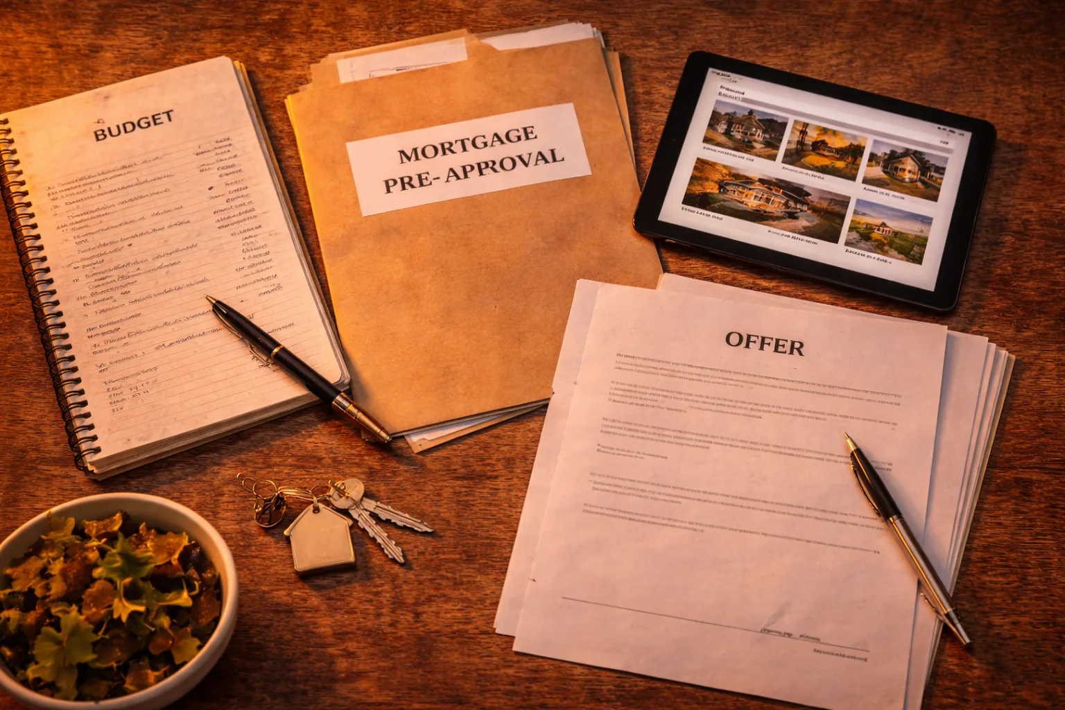 how to buy a home in Canada documents and calculator in warm sunset light