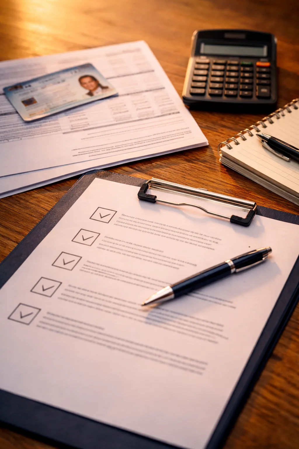 mortgage pre-approval checklist in Canada documents and calculator in warm sunset light