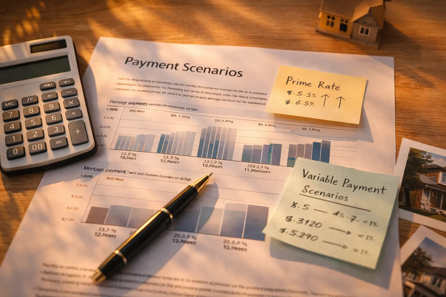 prime rate and variable mortgage risk in Canada documents and calculator in warm sunset light