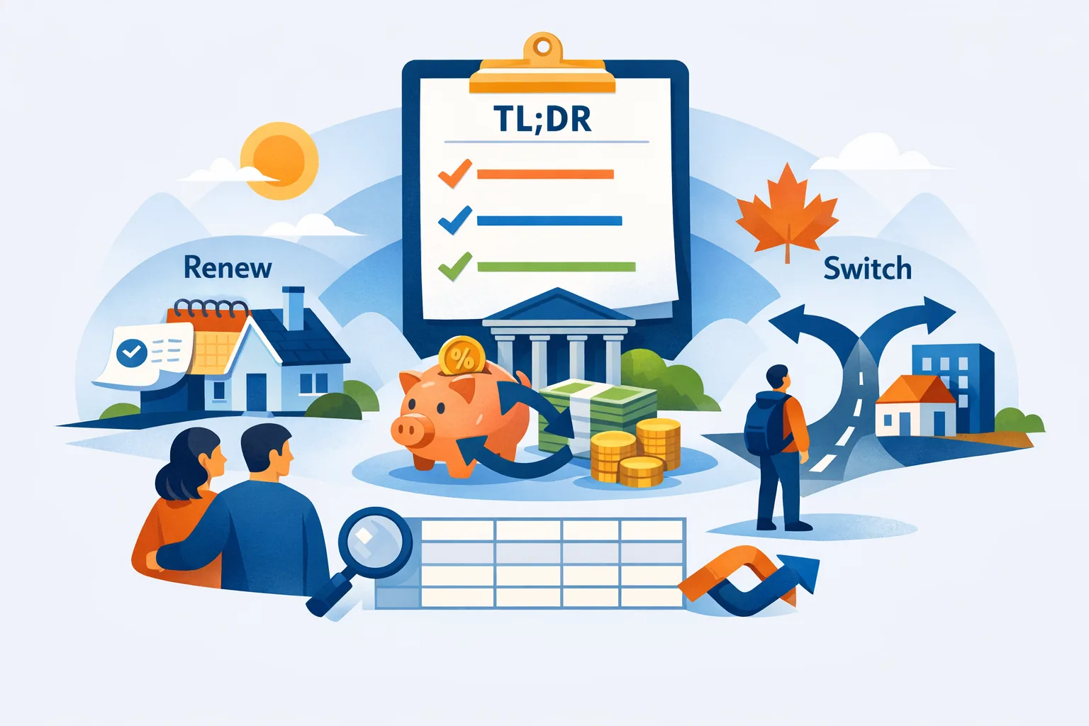 refinance vs renew vs switch in Canada documents and calculator in warm sunset light