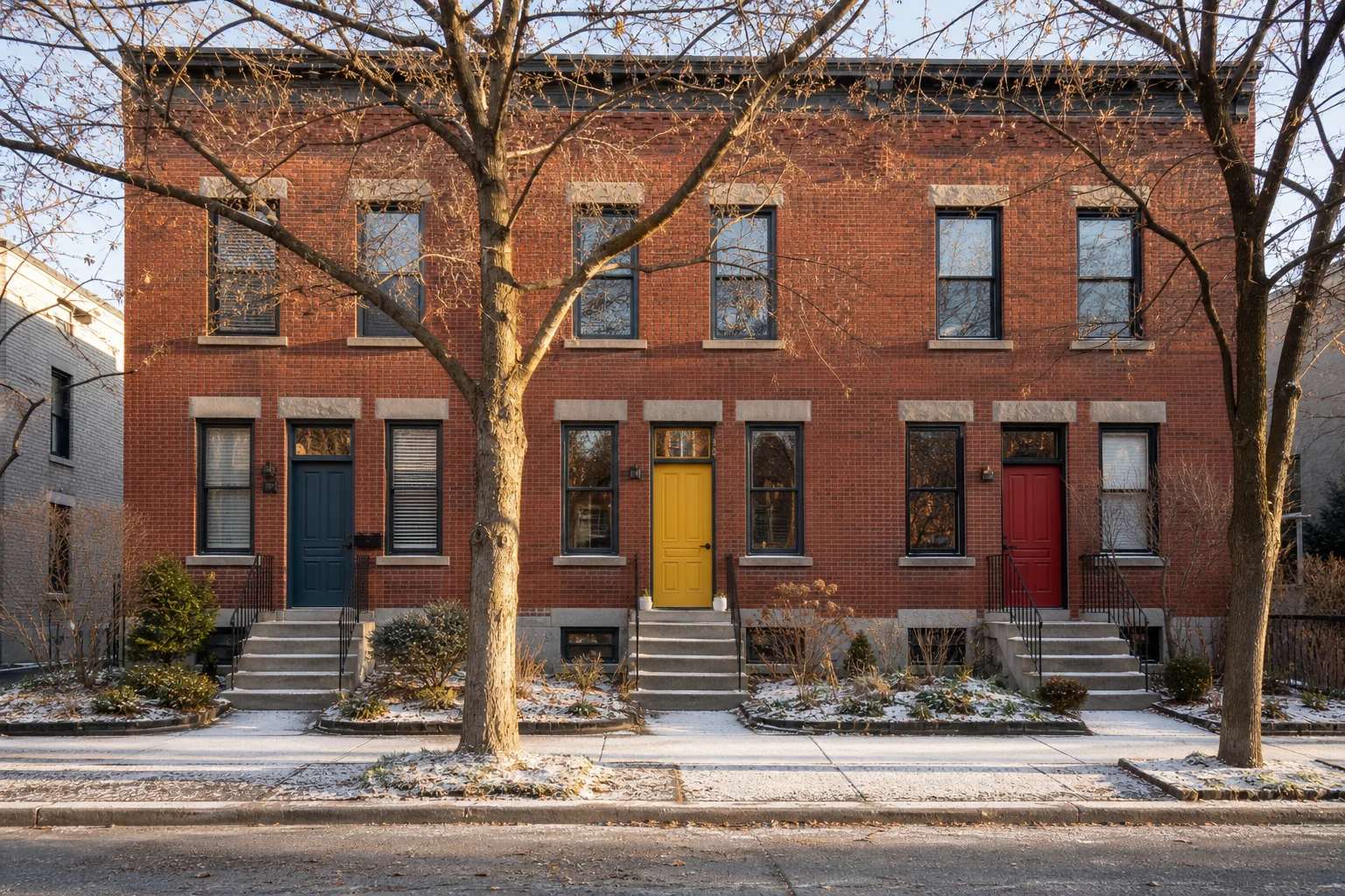 Triplex with three distinct entrances in winter light — representing the investment in rental property as a long-term wealth-building strategy.