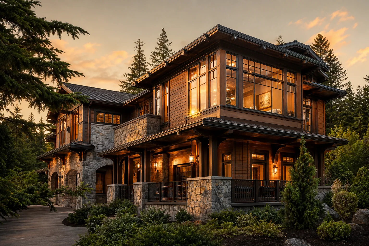 Craftsman-style home with wraparound corner office windows at golden hour.