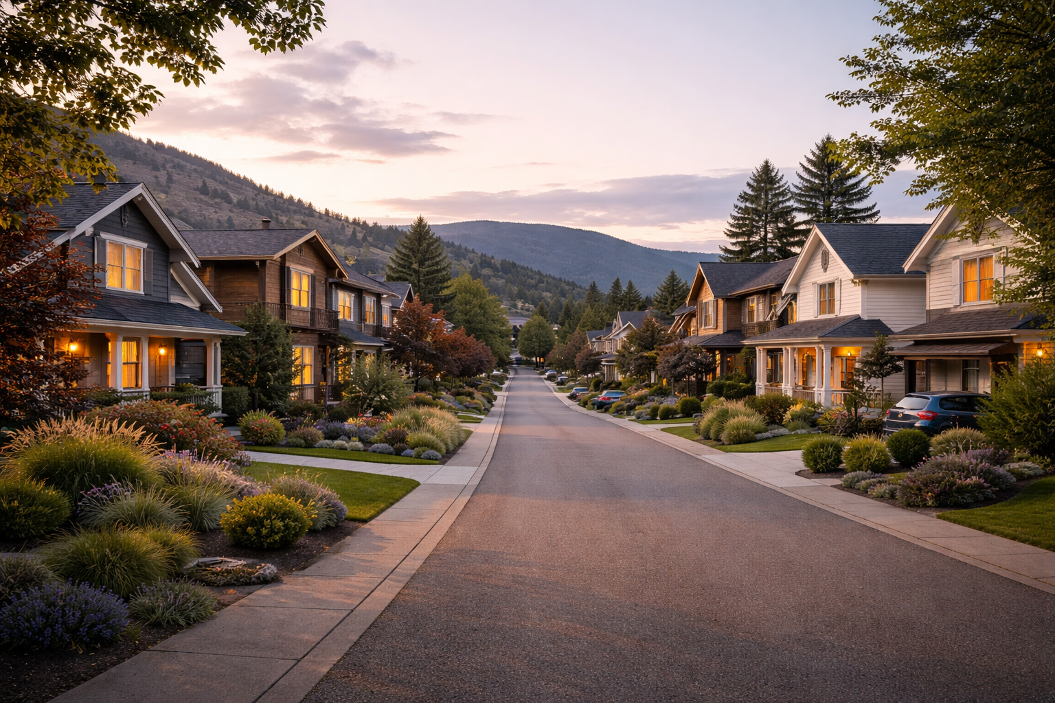 Mature Kamloops residential street with detached homes and tasteful infill feel