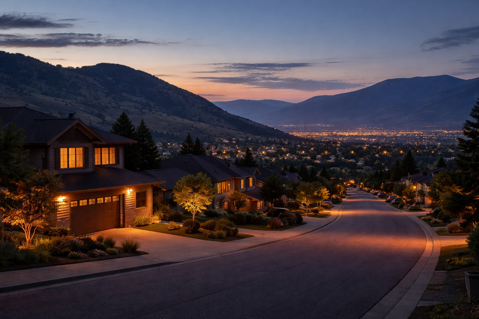 Quiet Kamloops residential evening scene with warm interior-BC hills