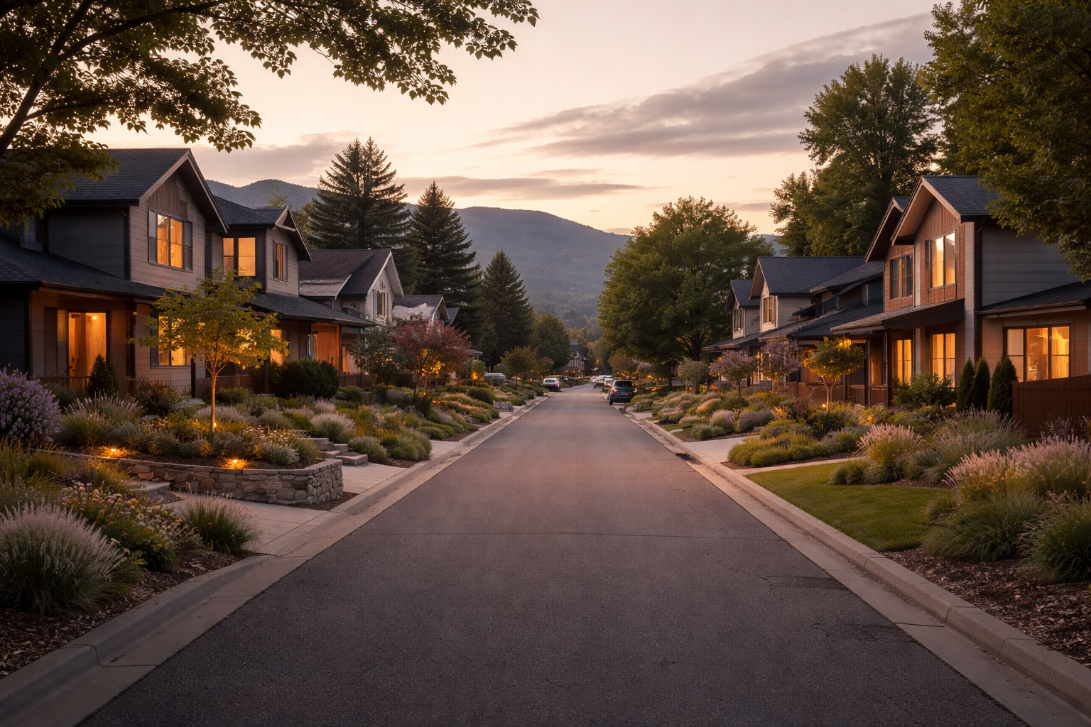 Kamloops neighbourhood rooftops with river and hillside backdrop at dusk
