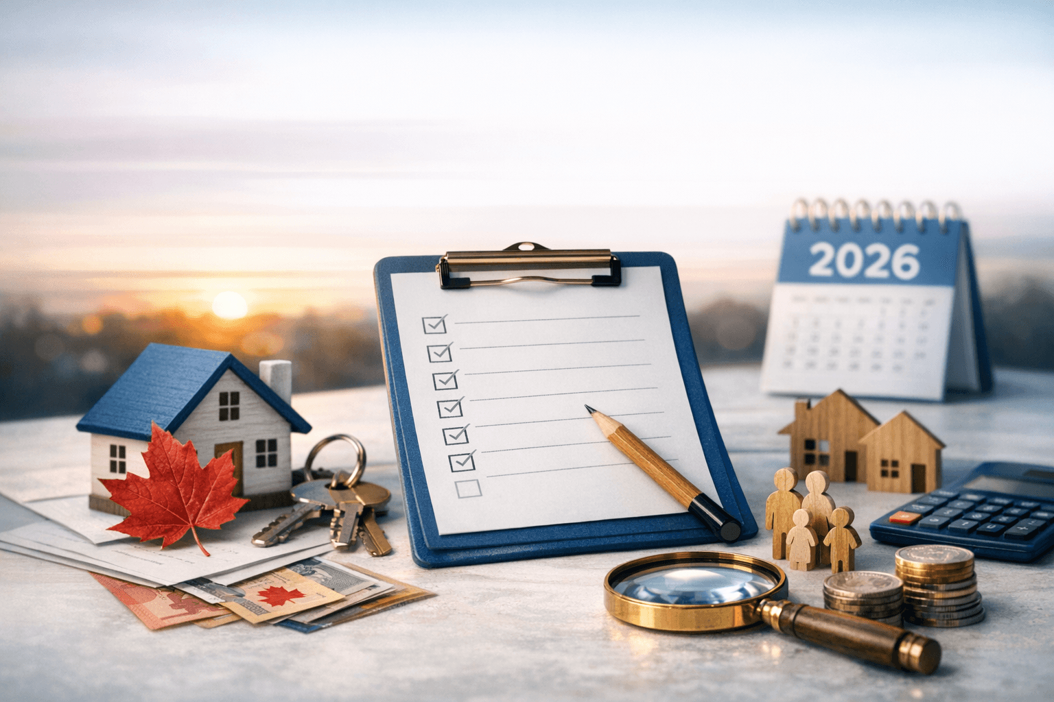 Mortgage advisor reviewing an assumable mortgage approval checklist with a young family on a suburban porch at sunset in Canada