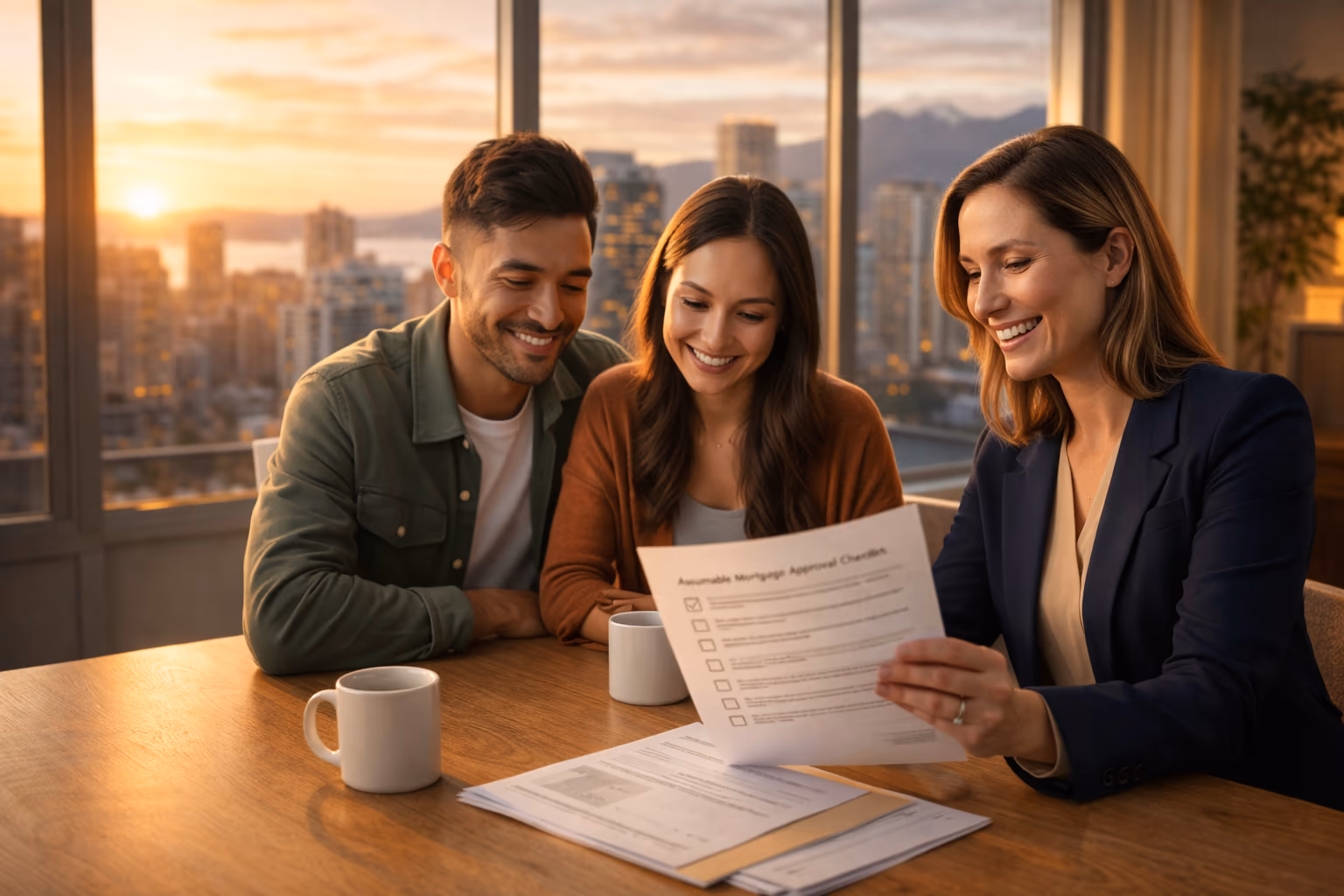 Friendly Canadian homebuyer and broker reviewing assumable mortgage details in a modern office at sunset