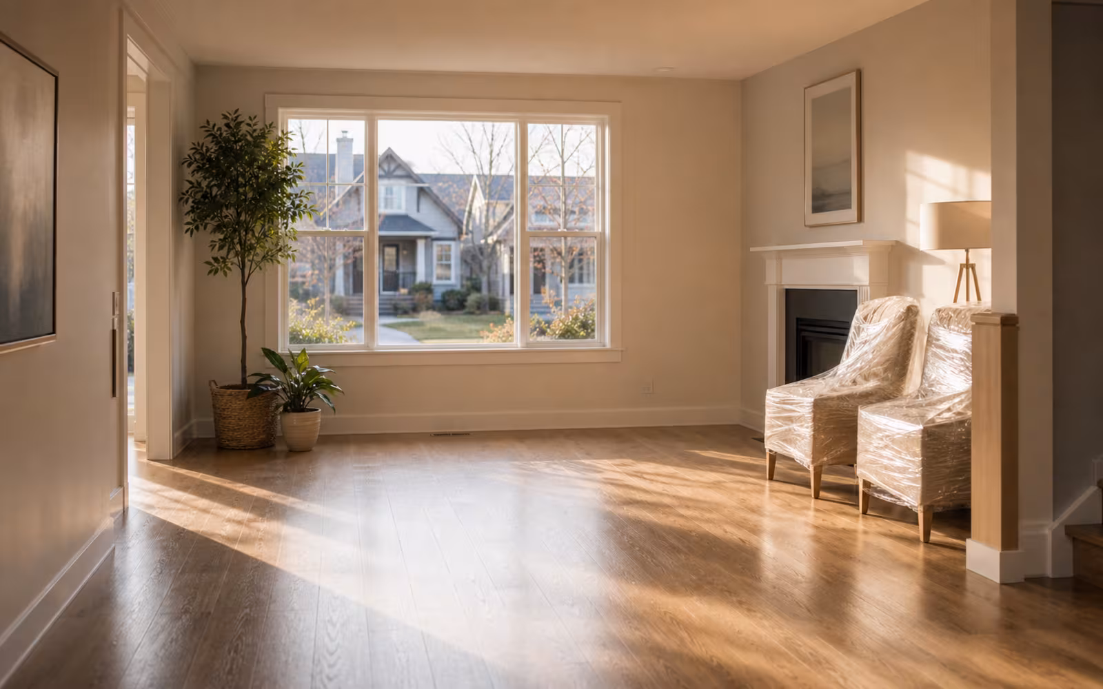 Empty Canadian living room after staging representing firm sale documentation for bridge financing.